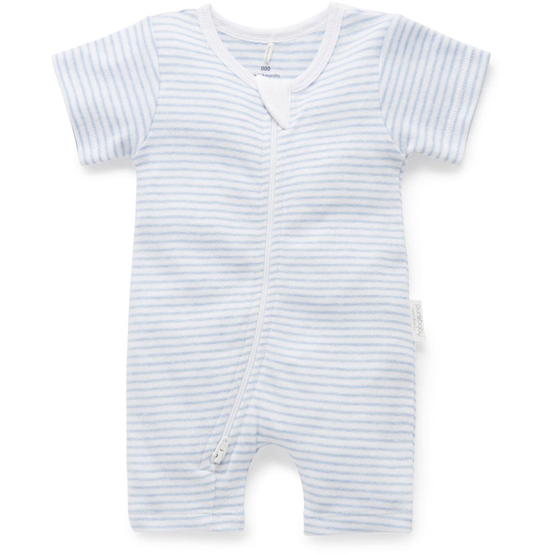 Purebaby Growsuit Zip Short Leg  Blue Stripe